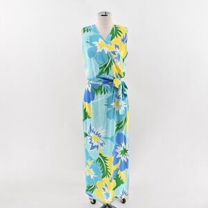 Vtg Maggy London Silk Maxi Dress Size 10 Floral‎ Tropical Print Blue Sleeveless